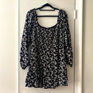 Lulus smocked navy floral sundress with sleeves long sleeves fit and flare